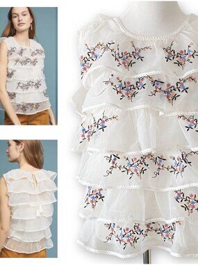 Anthropologie Flutter Seen Worn Kept Size M Sleeveless Embroidered Ruffled Top